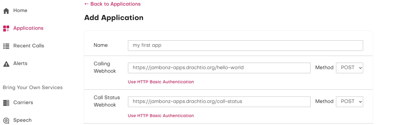 Adding an application in the jambonz portal with calling and call status webhook URLs
