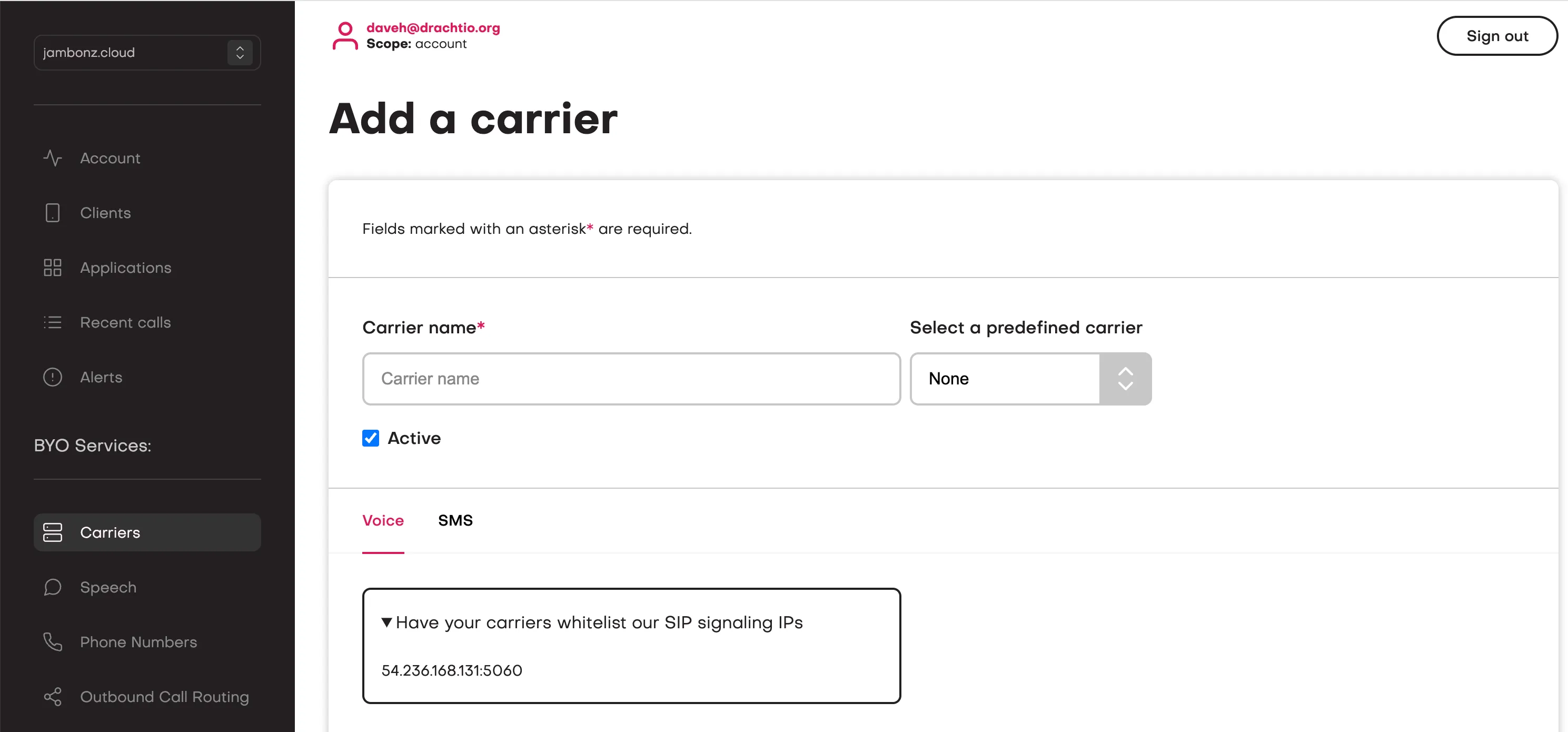The Add carrier form in the jambonz portal