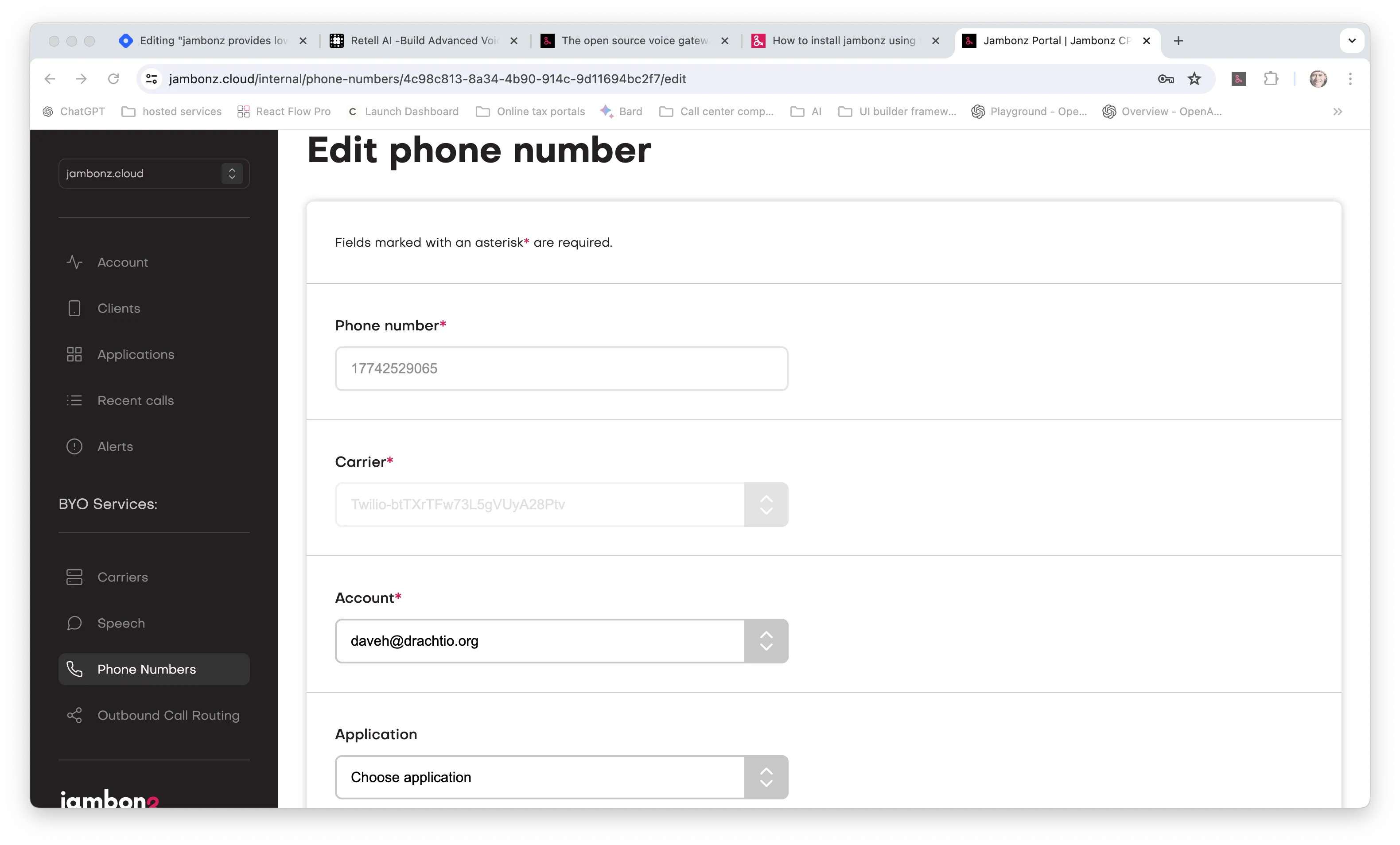 Adding a phone number in the jambonz portal and associating it with the carrier