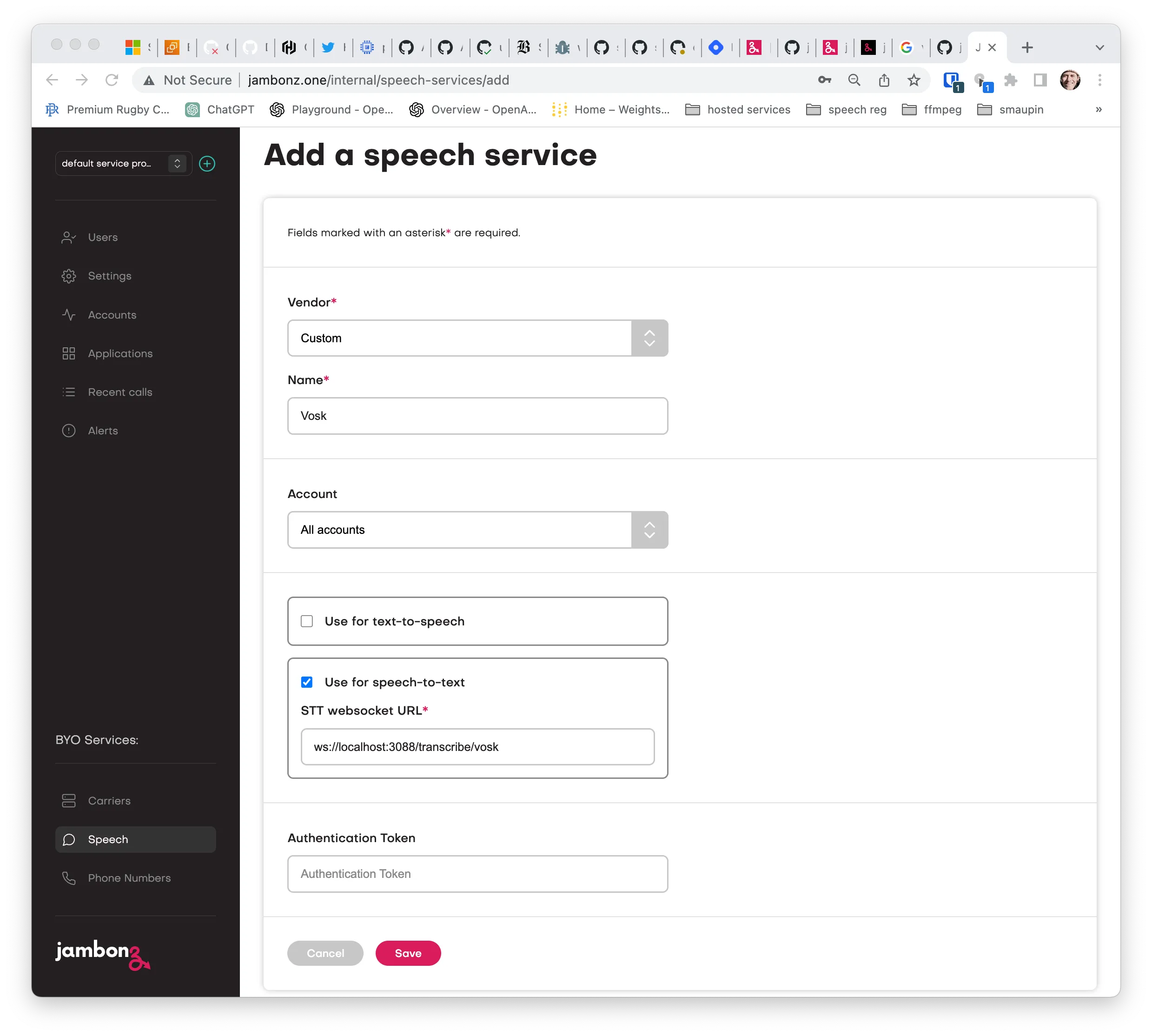 Adding a Custom speech service named Vosk, with the STT websocket URL set to ws://localhost:3088/transcribe/vosk