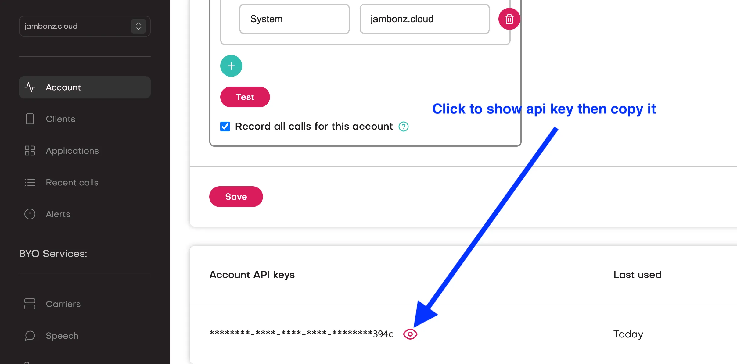 The API keys section of the jambonz account page