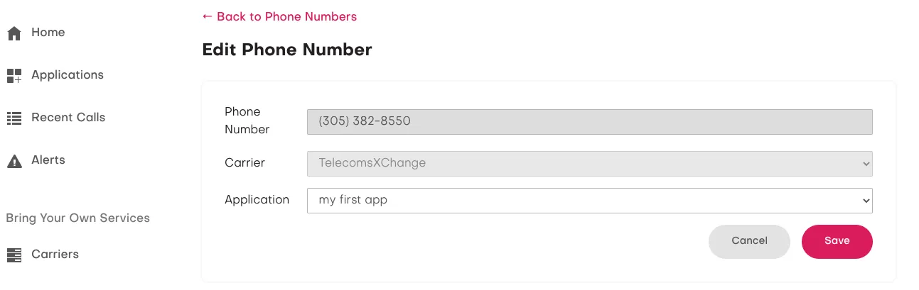 Assigning a phone number to the newly created application