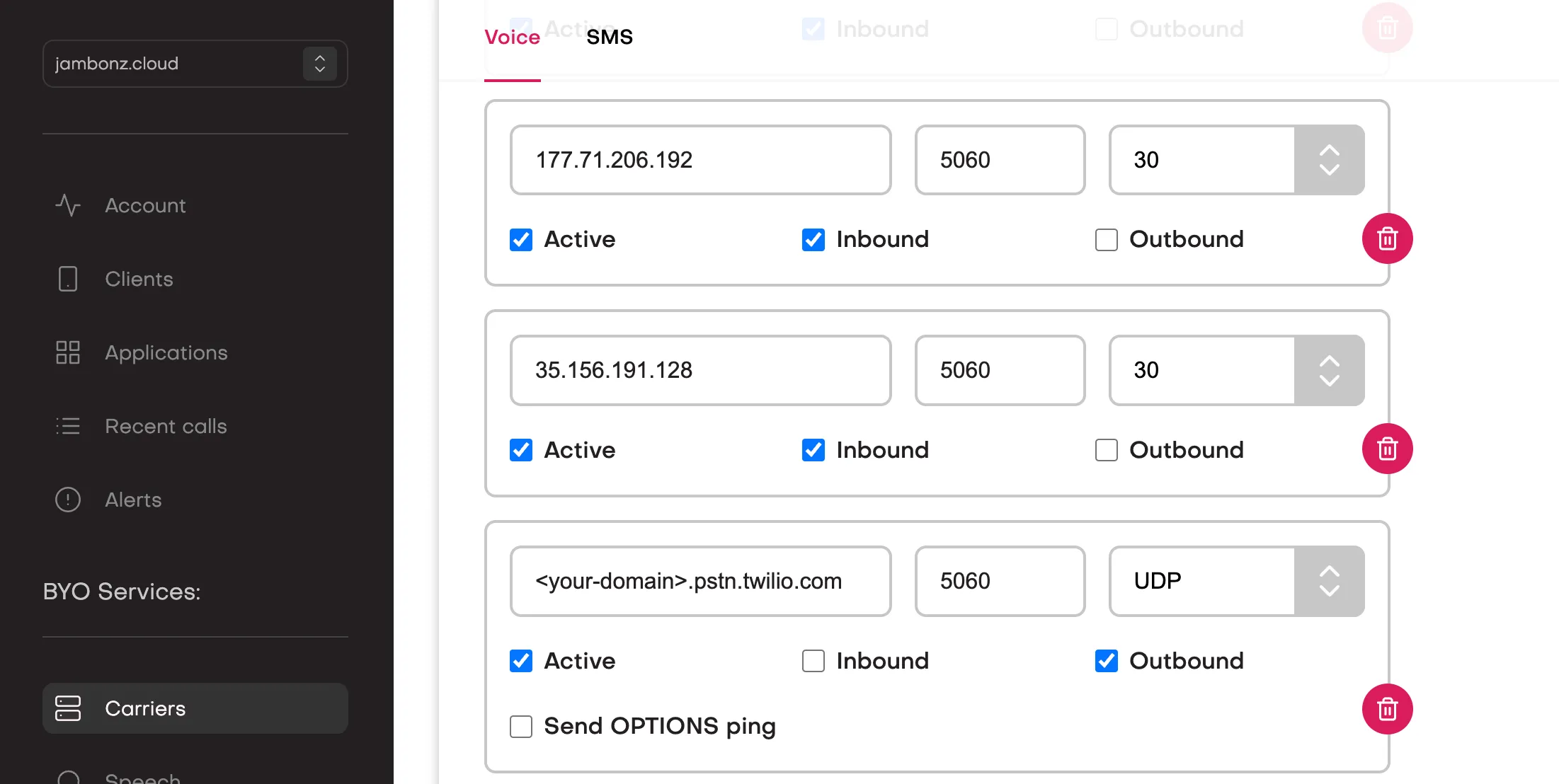 A carrier configured with the inbound and outbound SIP gateways of a Twilio elastic SIP trunk