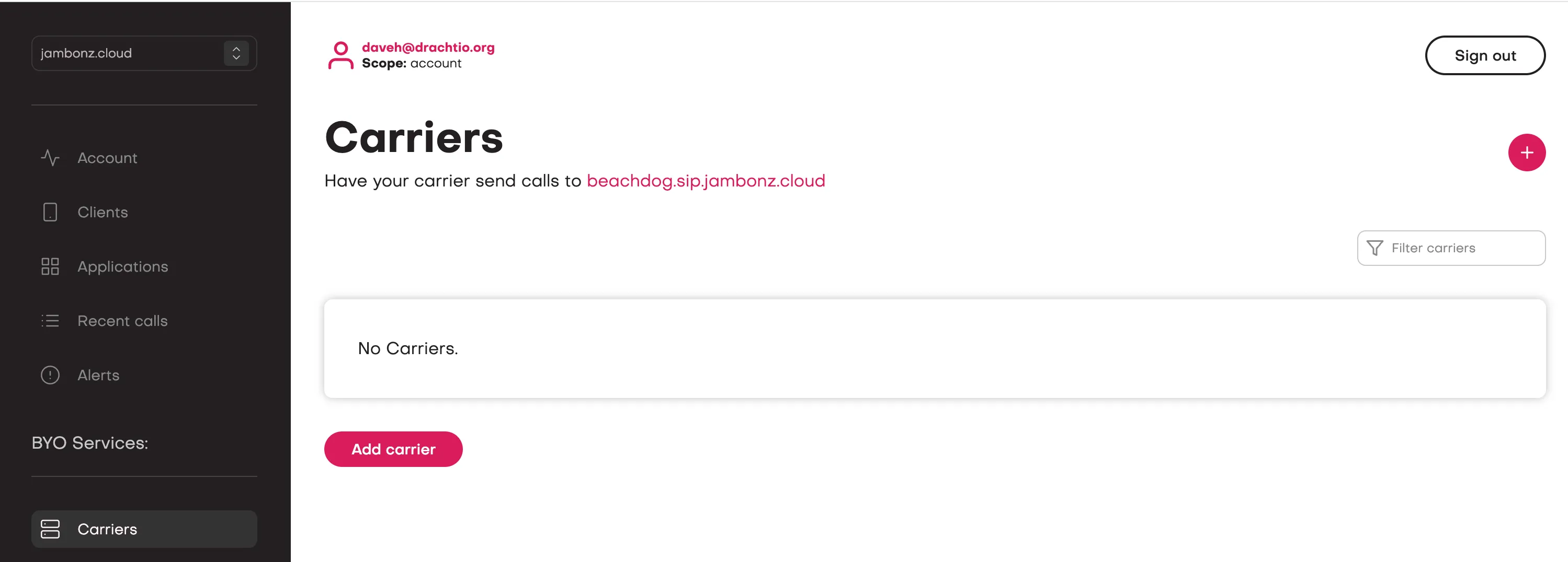 The Carriers page in the jambonz portal with no carriers defined yet