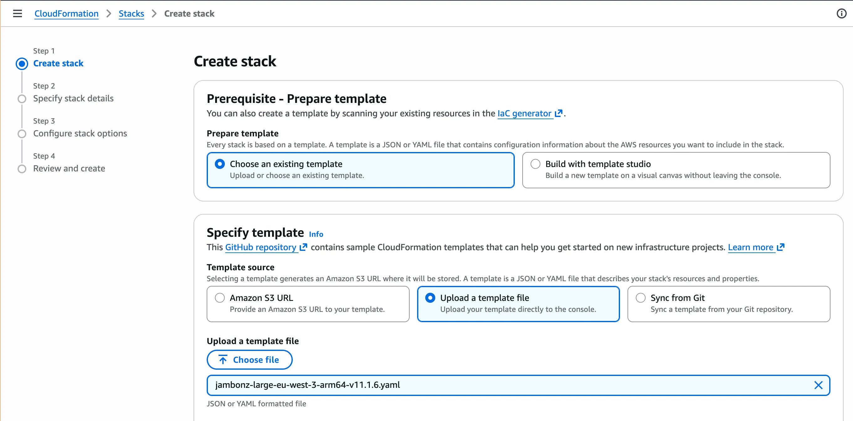 Uploading the generated template in the CloudFormation console