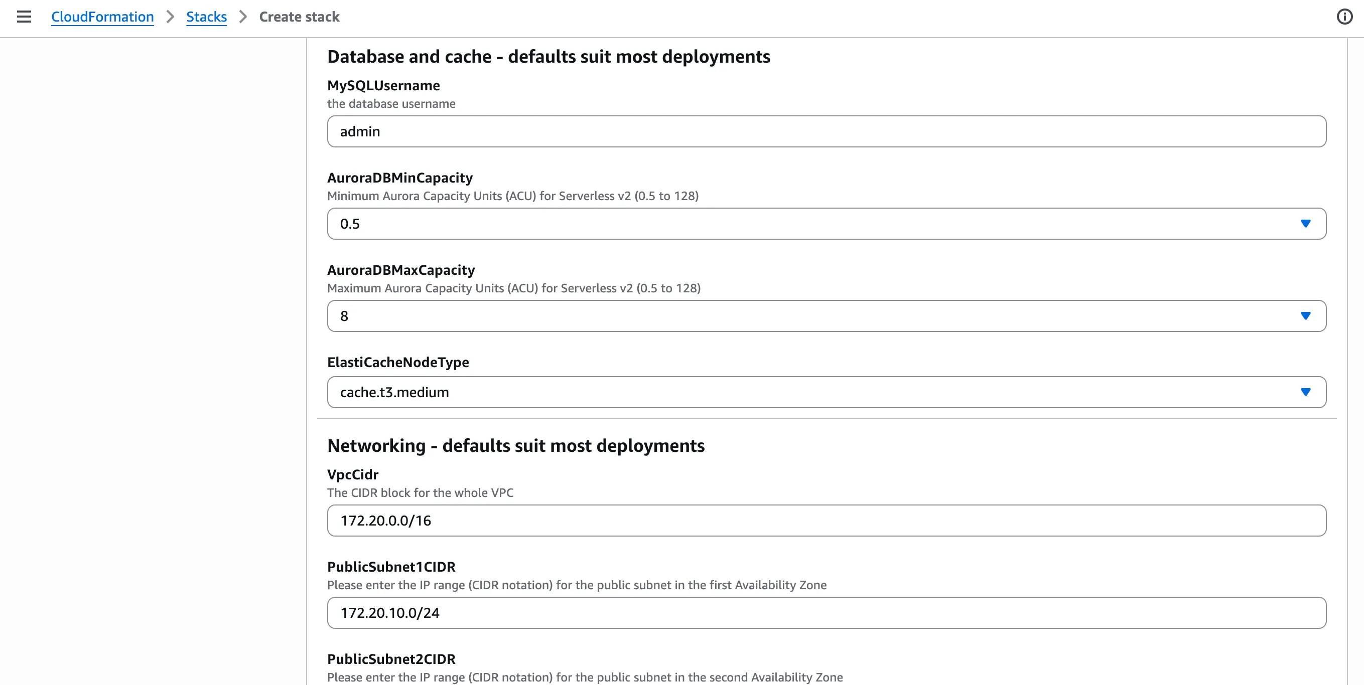 Database, cache and VPC settings