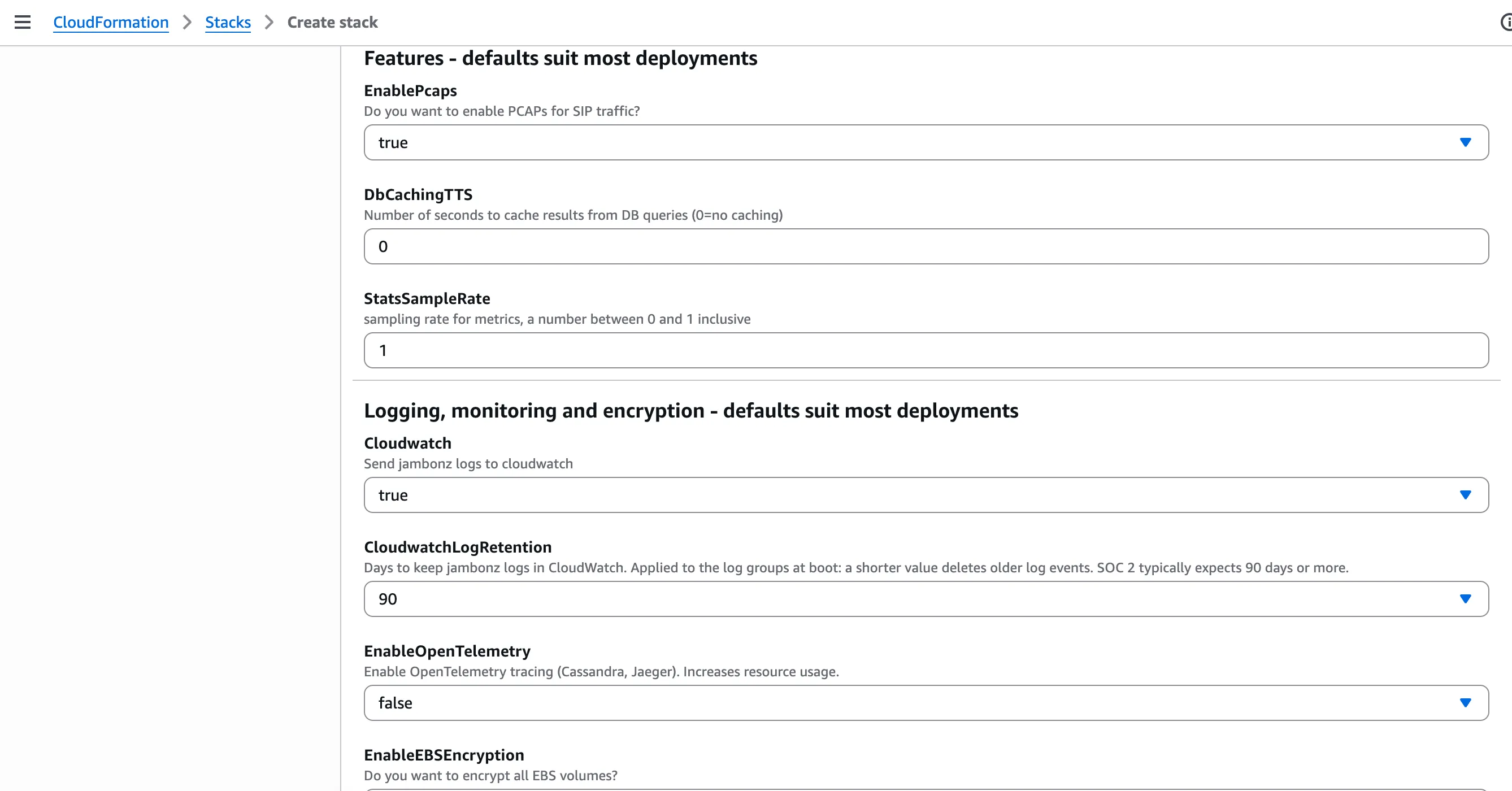 Features, logging and OpenTelemetry settings