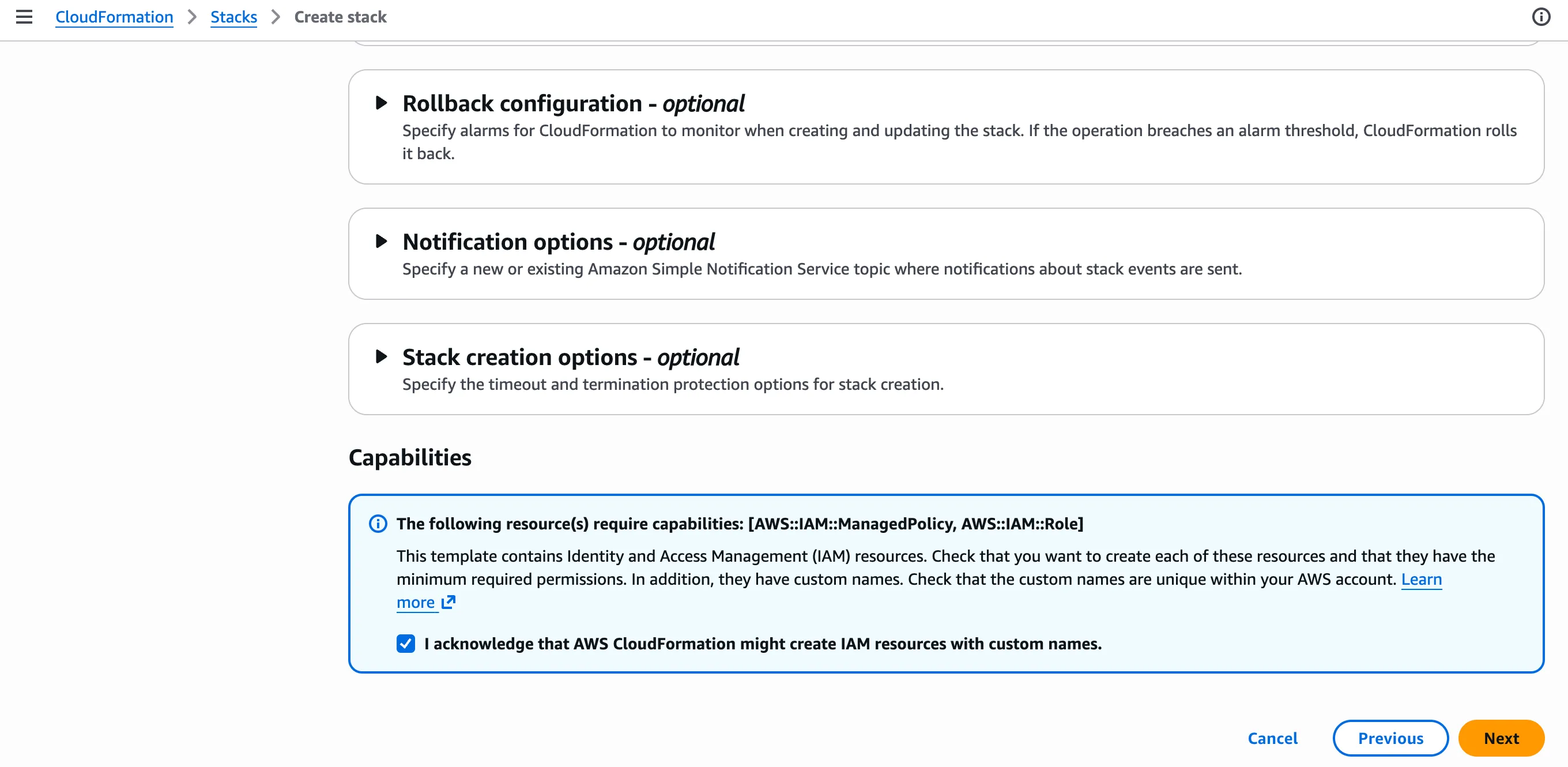 Acknowledging that the stack creates IAM roles