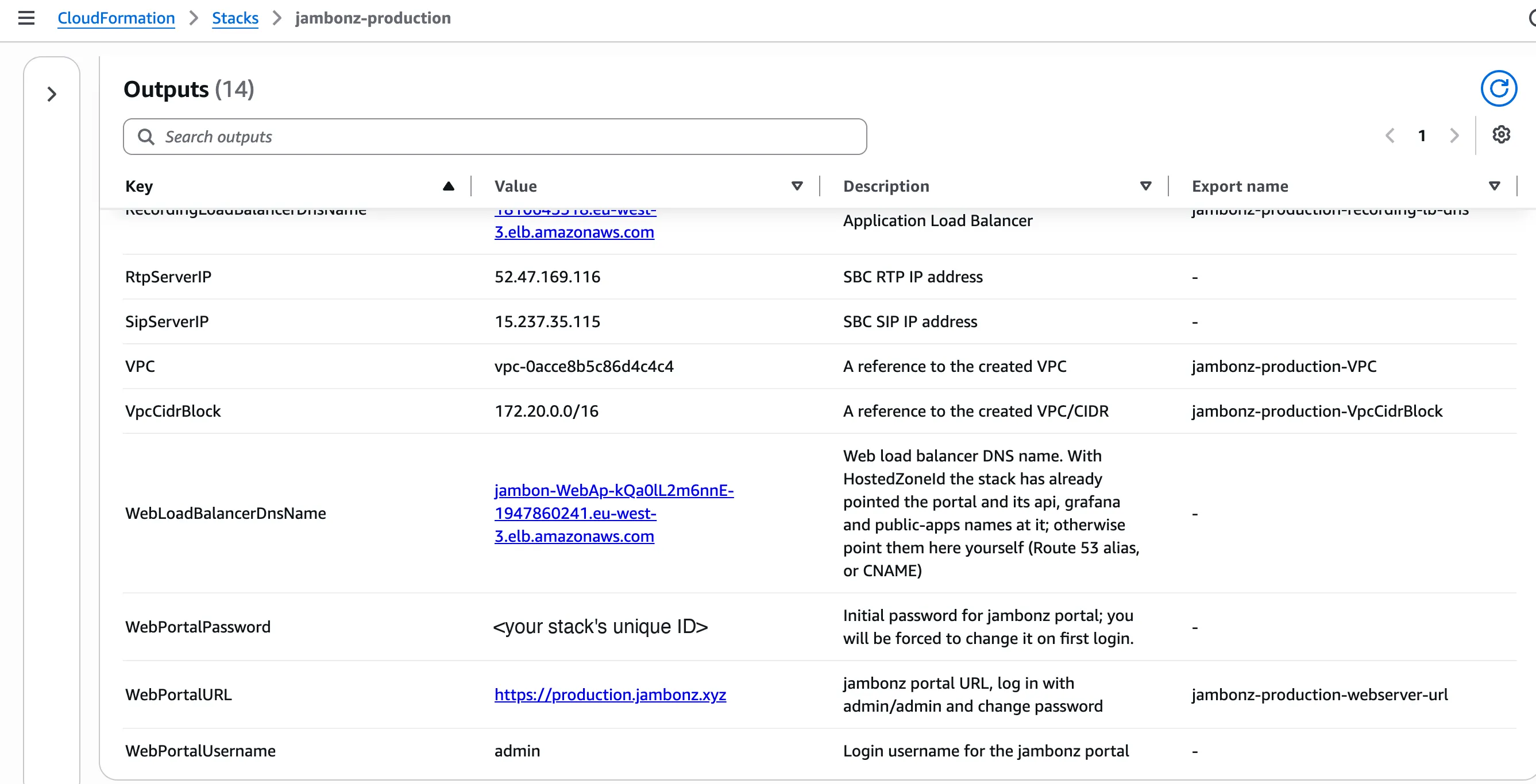 The stack outputs, including the portal URL and initial password