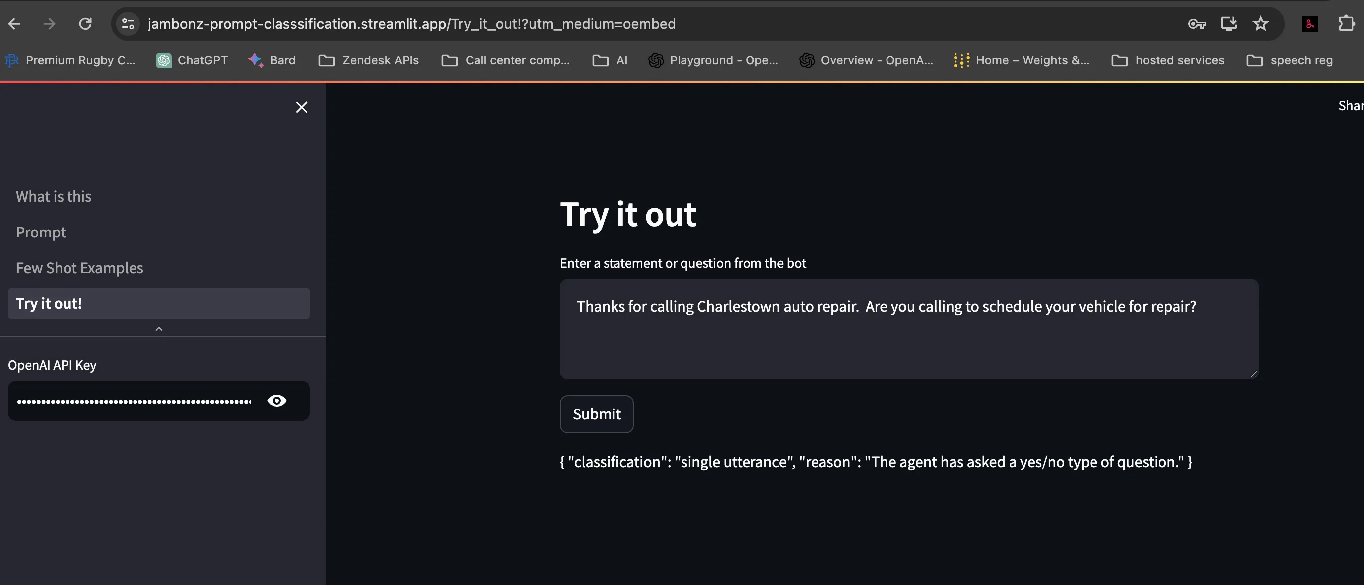 The classification app returning “single utterance” for a yes/no question from the bot