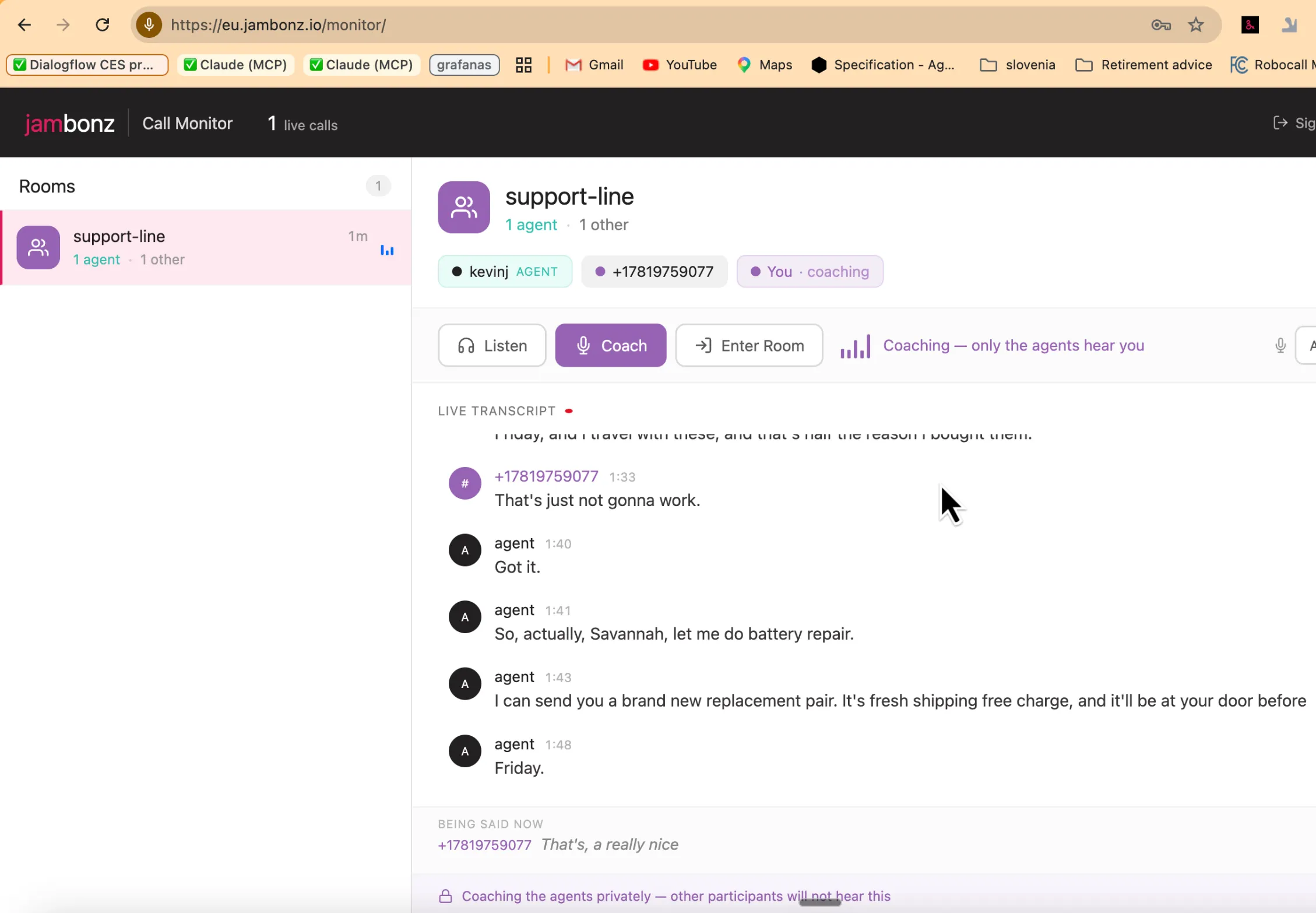 The supervisor console: coaching an agent while the live transcript rolls