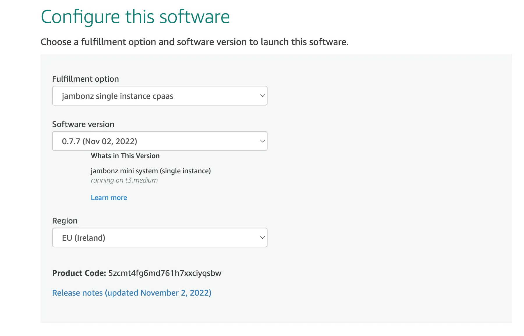 The AWS Marketplace “Configure this software” page with the region dropdown