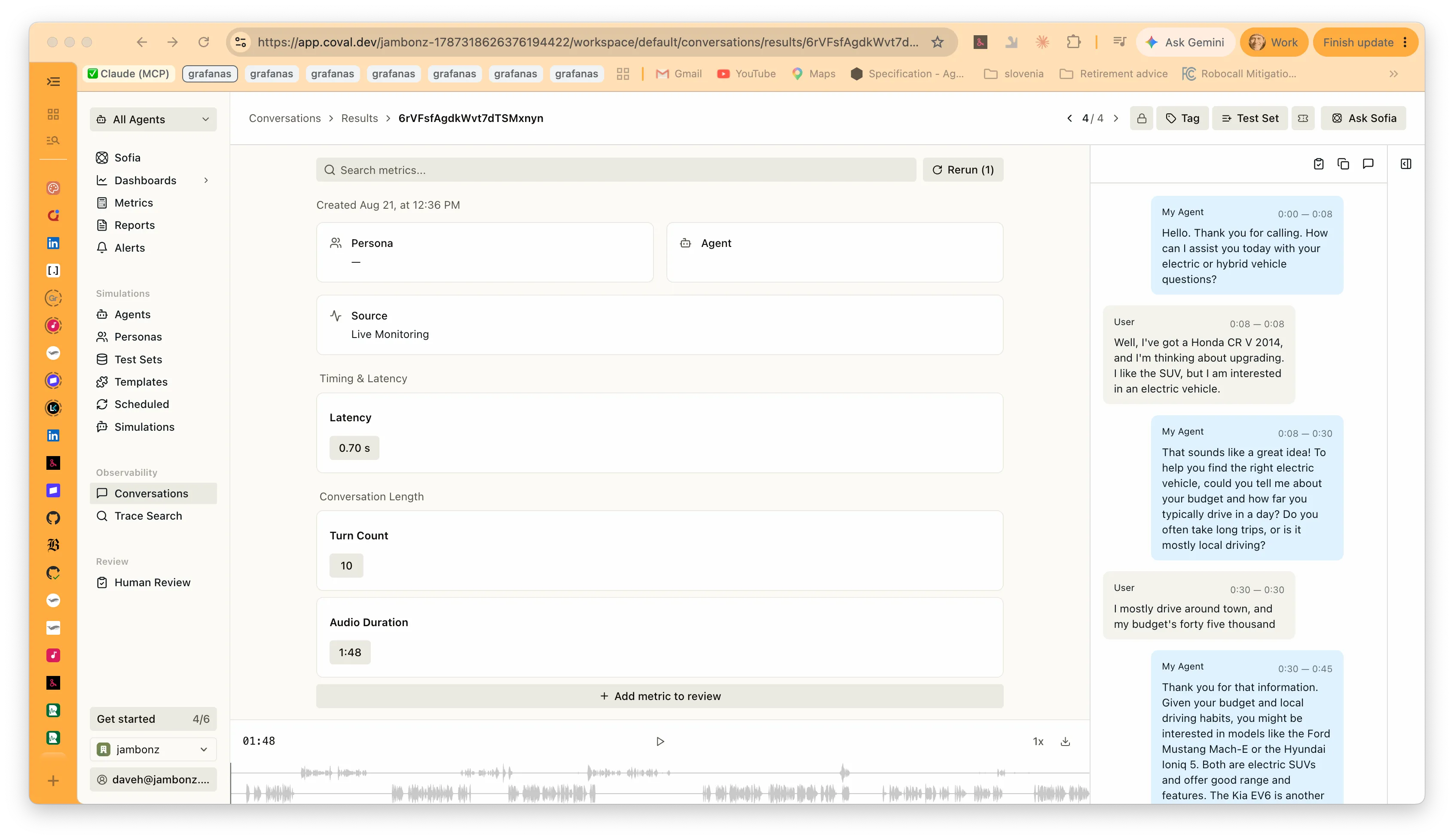 A conversation in Coval: source Live Monitoring, latency and turn-count metrics, an audio waveform player, and the transcript turn by turn with each turn’s start and end times
