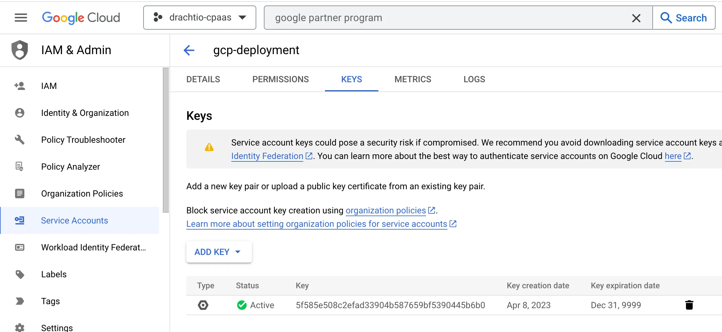 Creating a JSON key for the service account