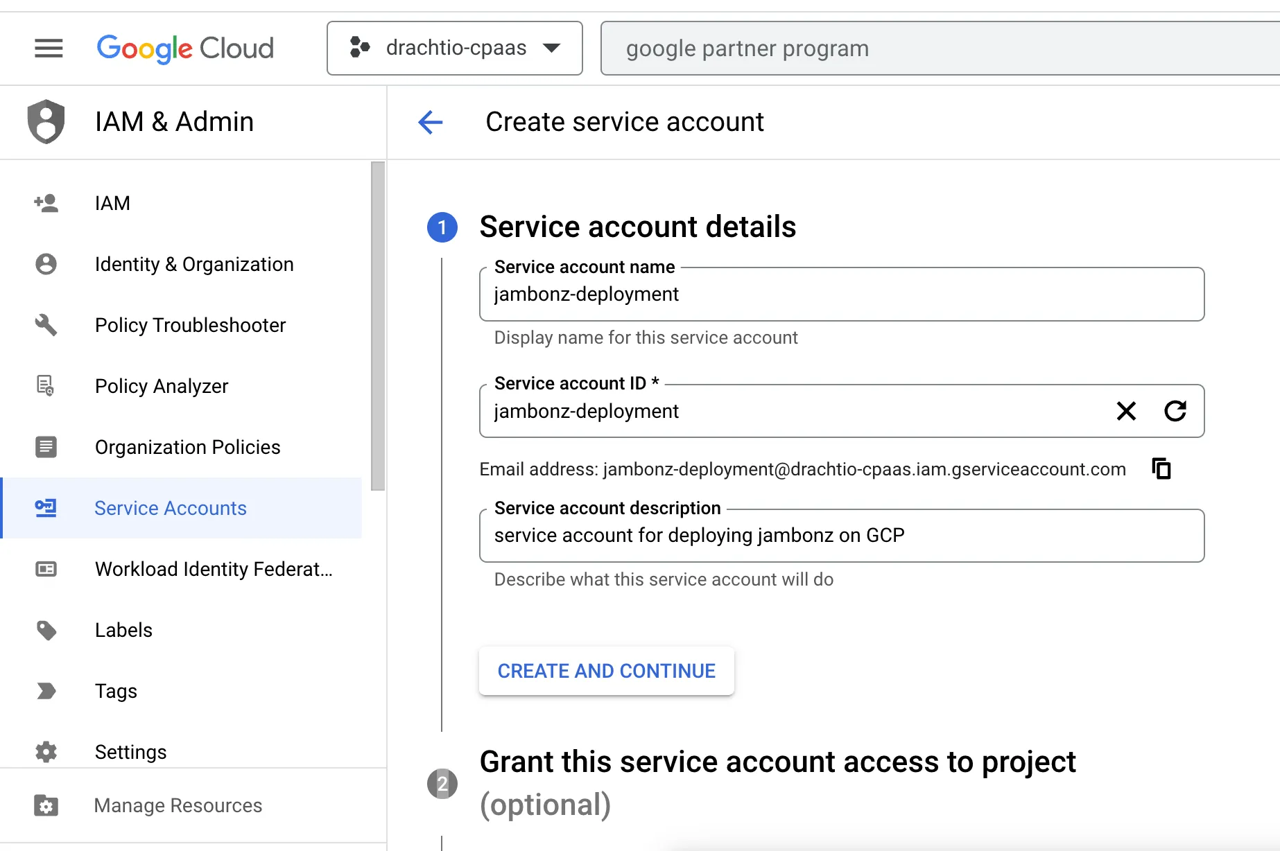 Creating a service account in the GCP console