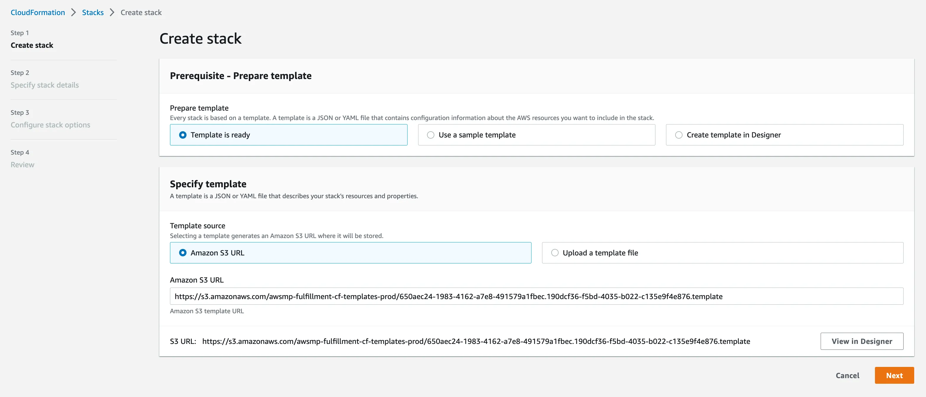 The CloudFormation Create stack page with default settings