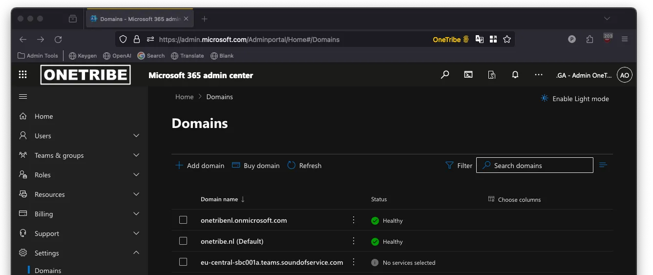 Customer Microsoft 365 admin center Domains page showing the jambonz SBC FQDN added