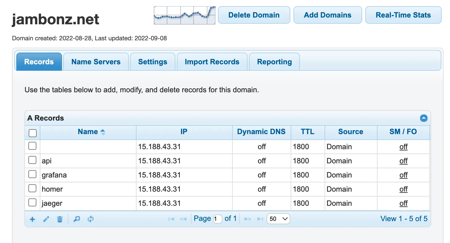 A records for the portal, api, grafana, homer and jaeger hostnames pointing at the server IP