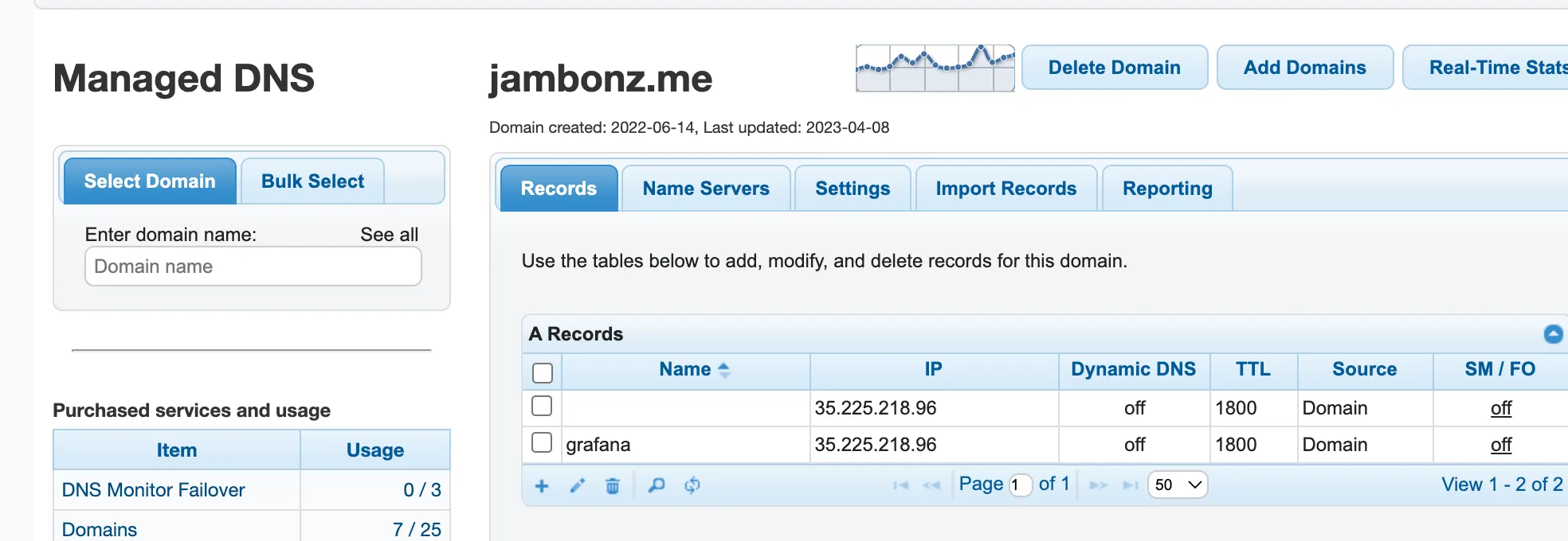 A records for jambonz.me and grafana.jambonz.me pointing at the instance’s static IP