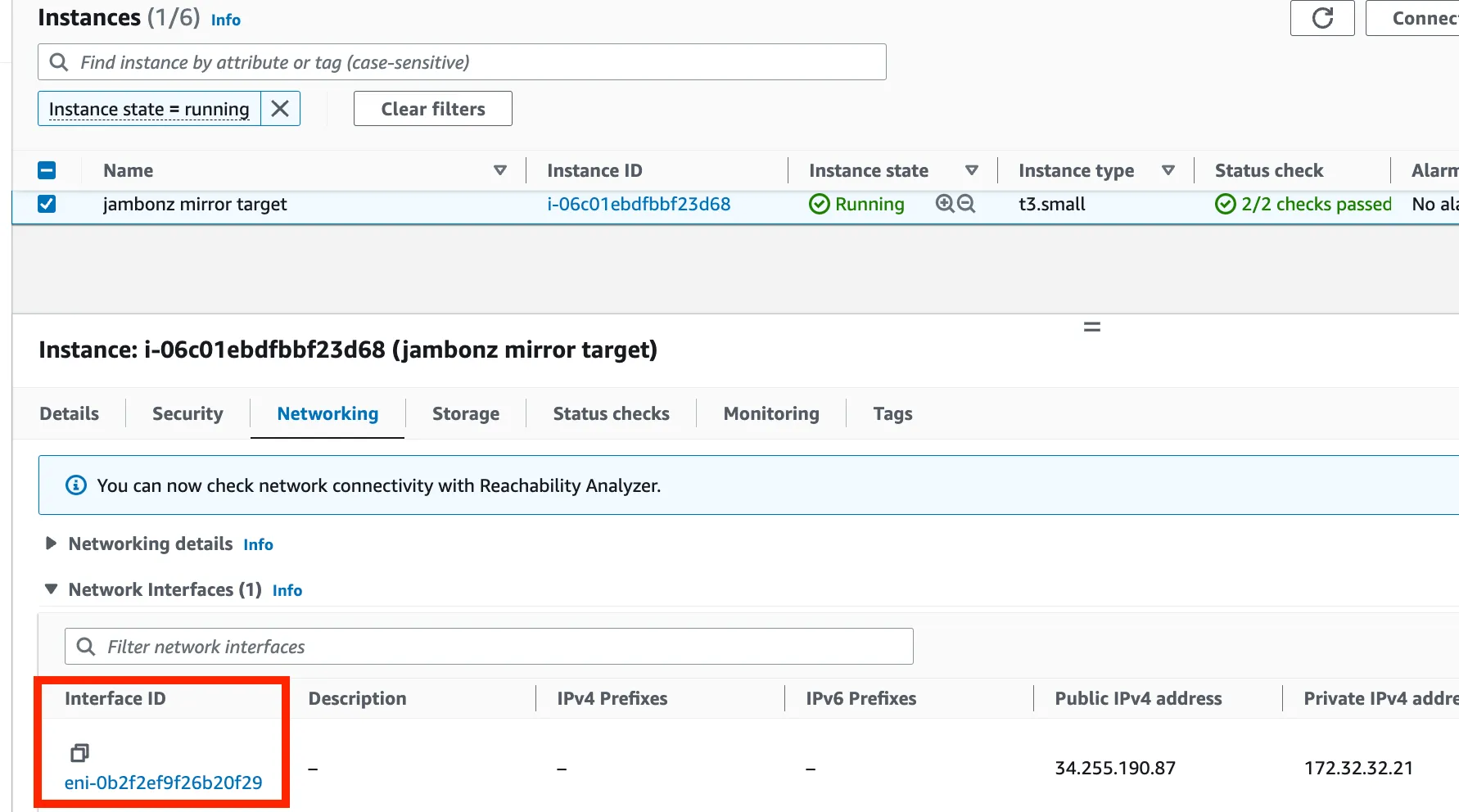 The Interface ID of the voipmonitor instance’s network interface in the EC2 console