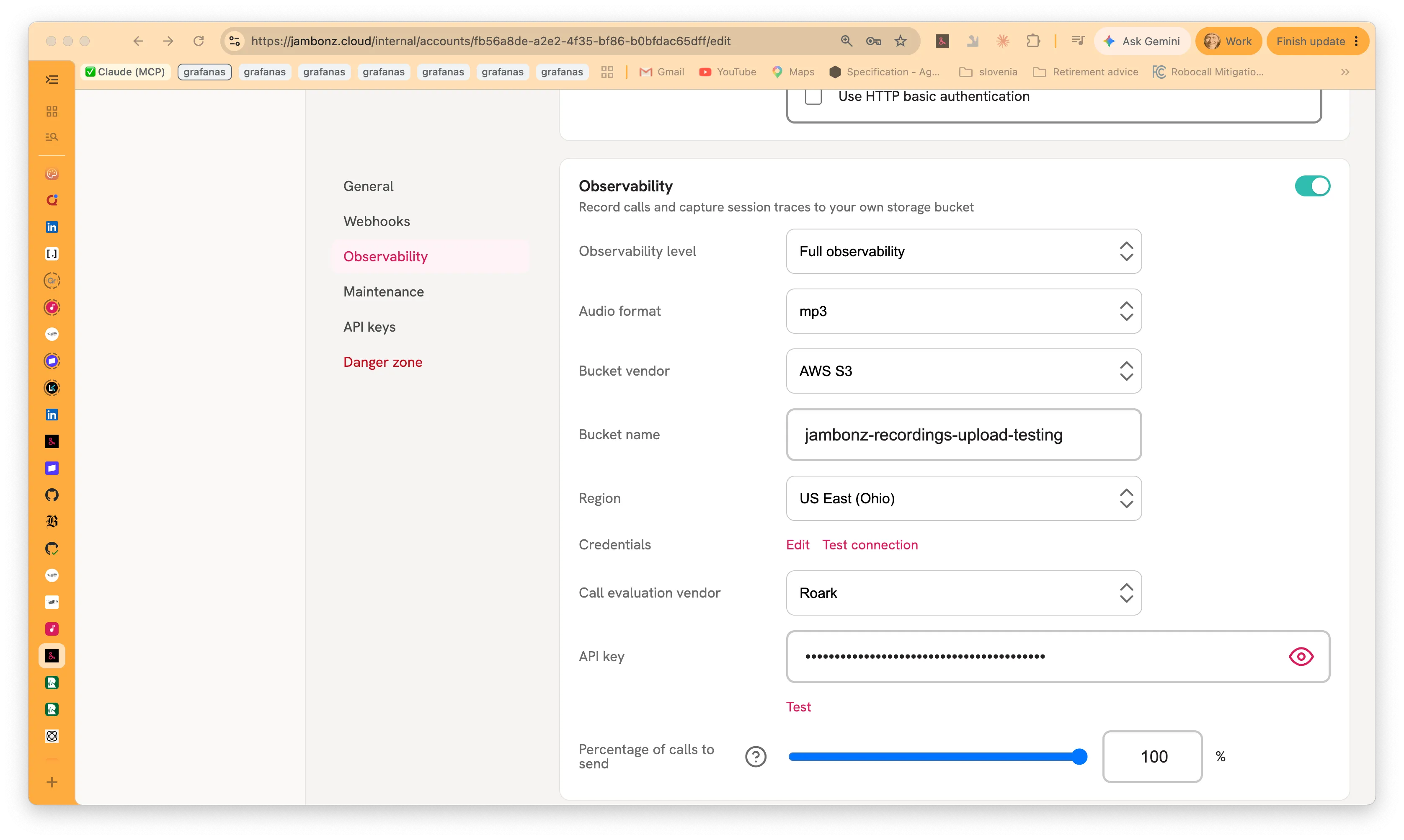 The Observability panel in Account Settings, showing the observability level, storage bucket configuration, and below them the call evaluation vendor, API key and percentage-of-calls slider