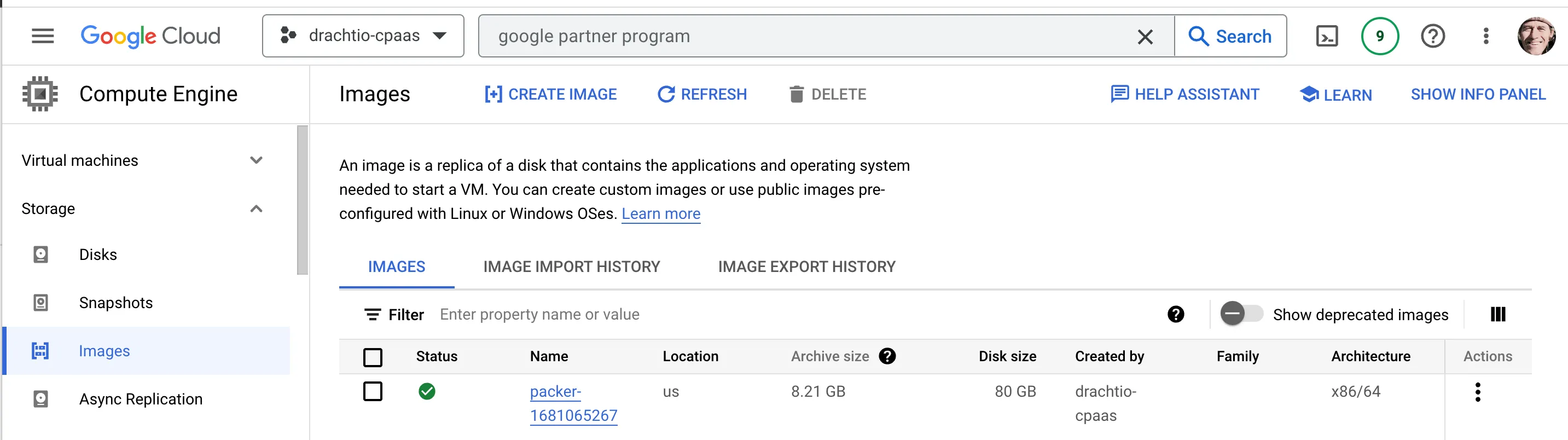 The newly built image listed under Compute Engine / Images in the GCP console