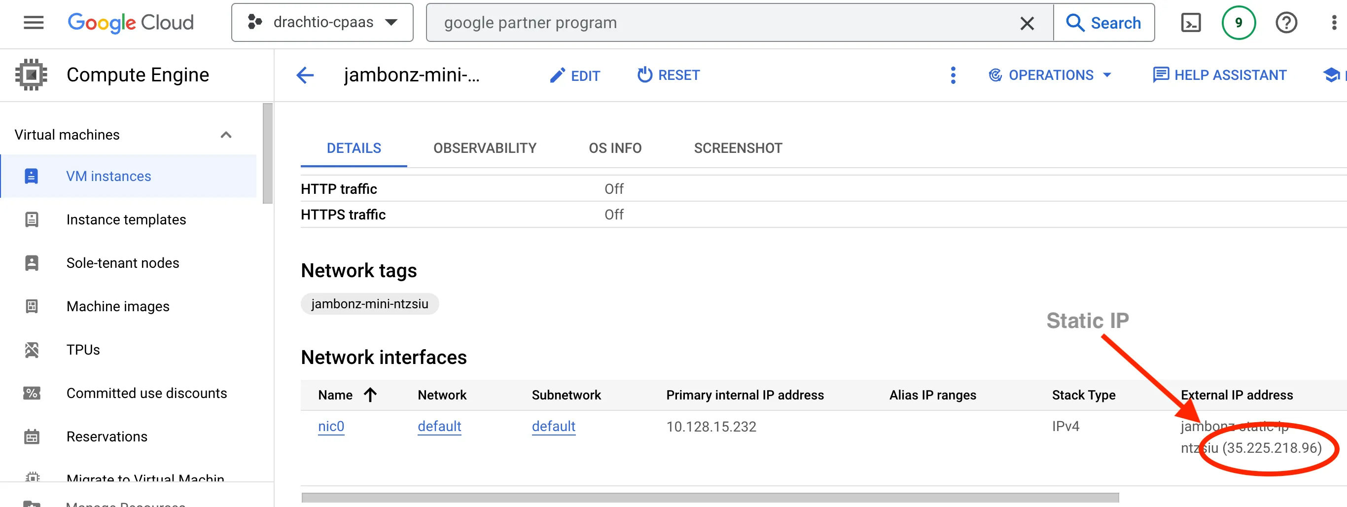 The running jambonz-mini instance and its external static IP in the GCP console