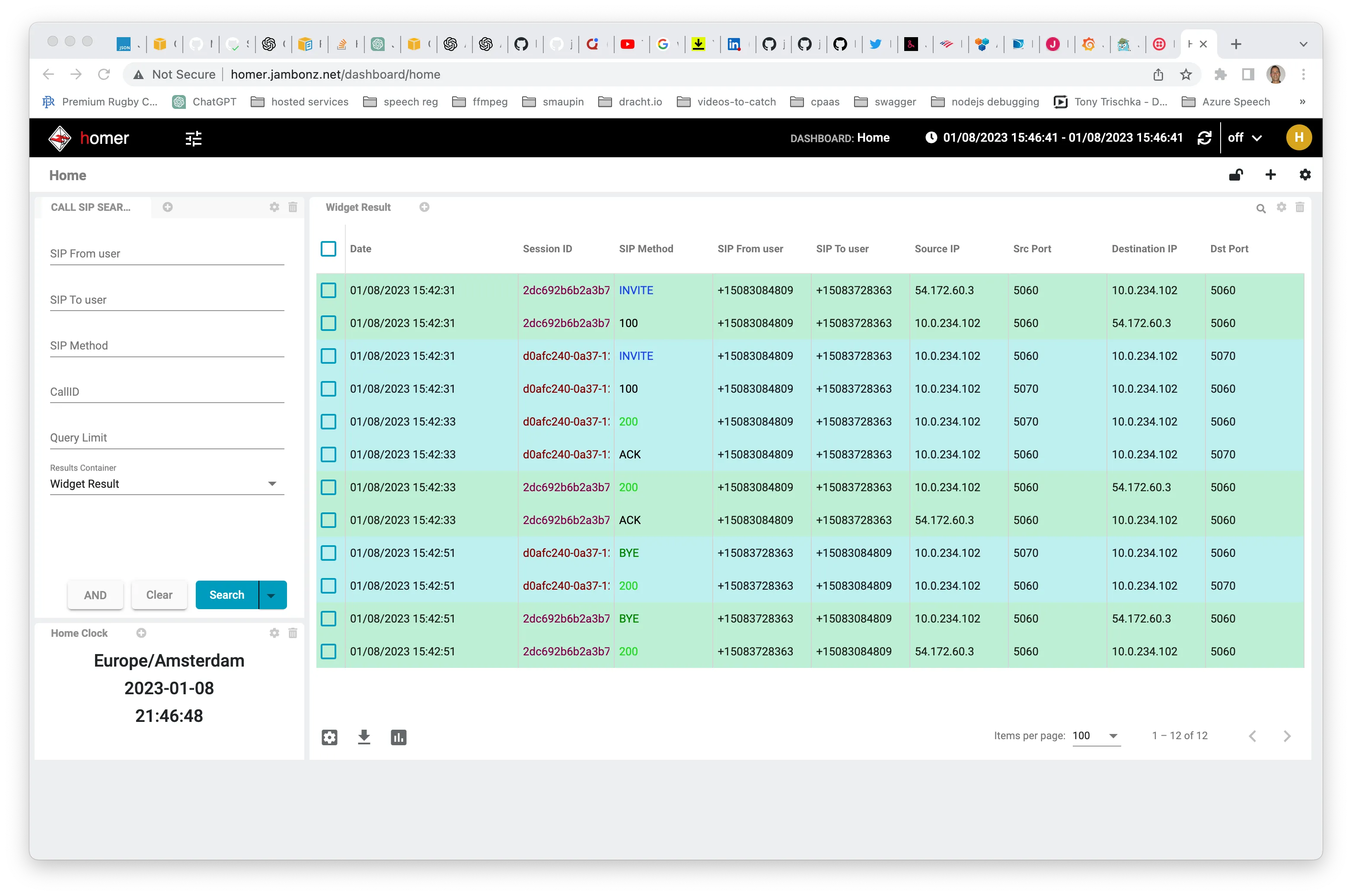 SIP traces in the homer web interface