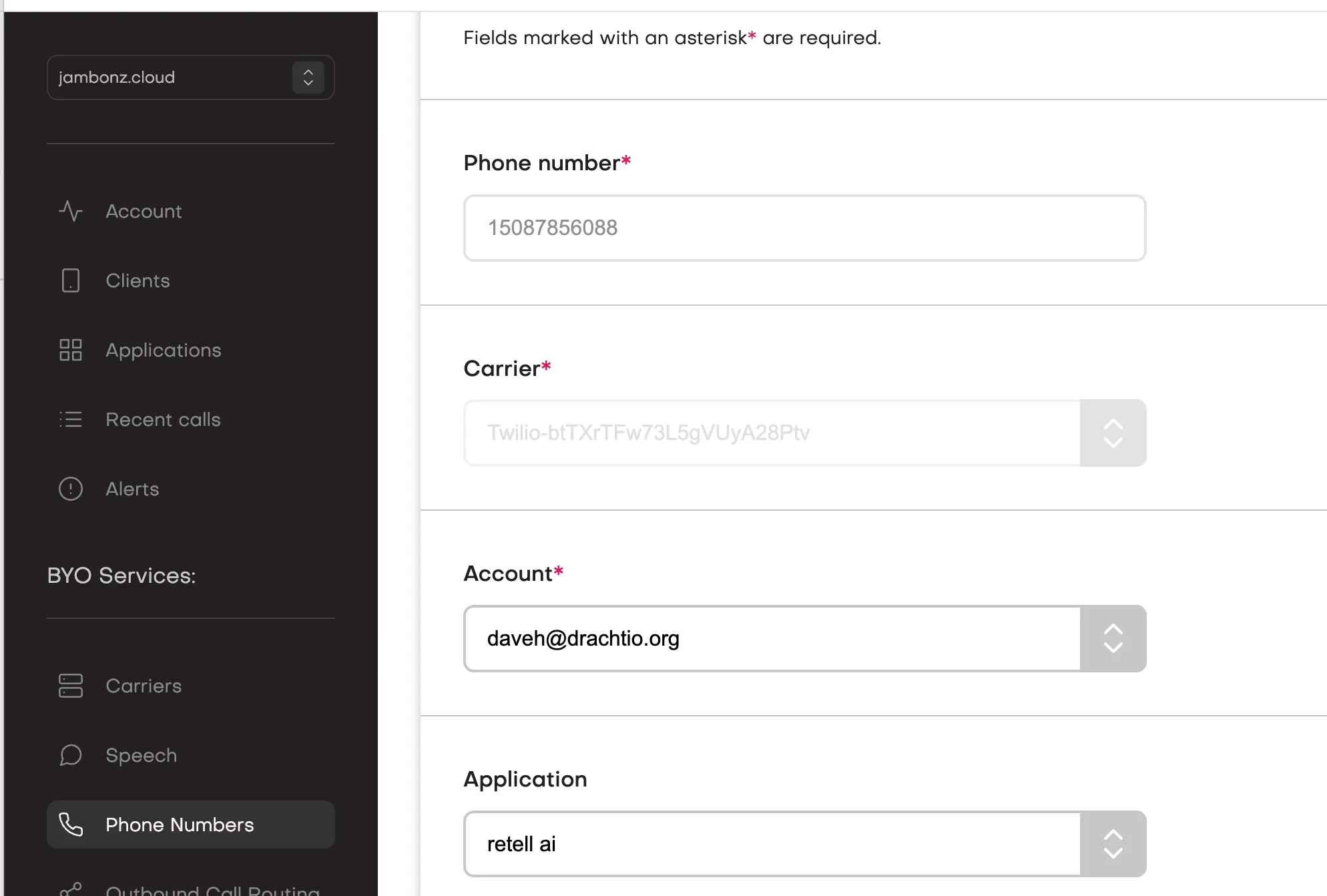 Routing a phone number in jambonz to the Retell application