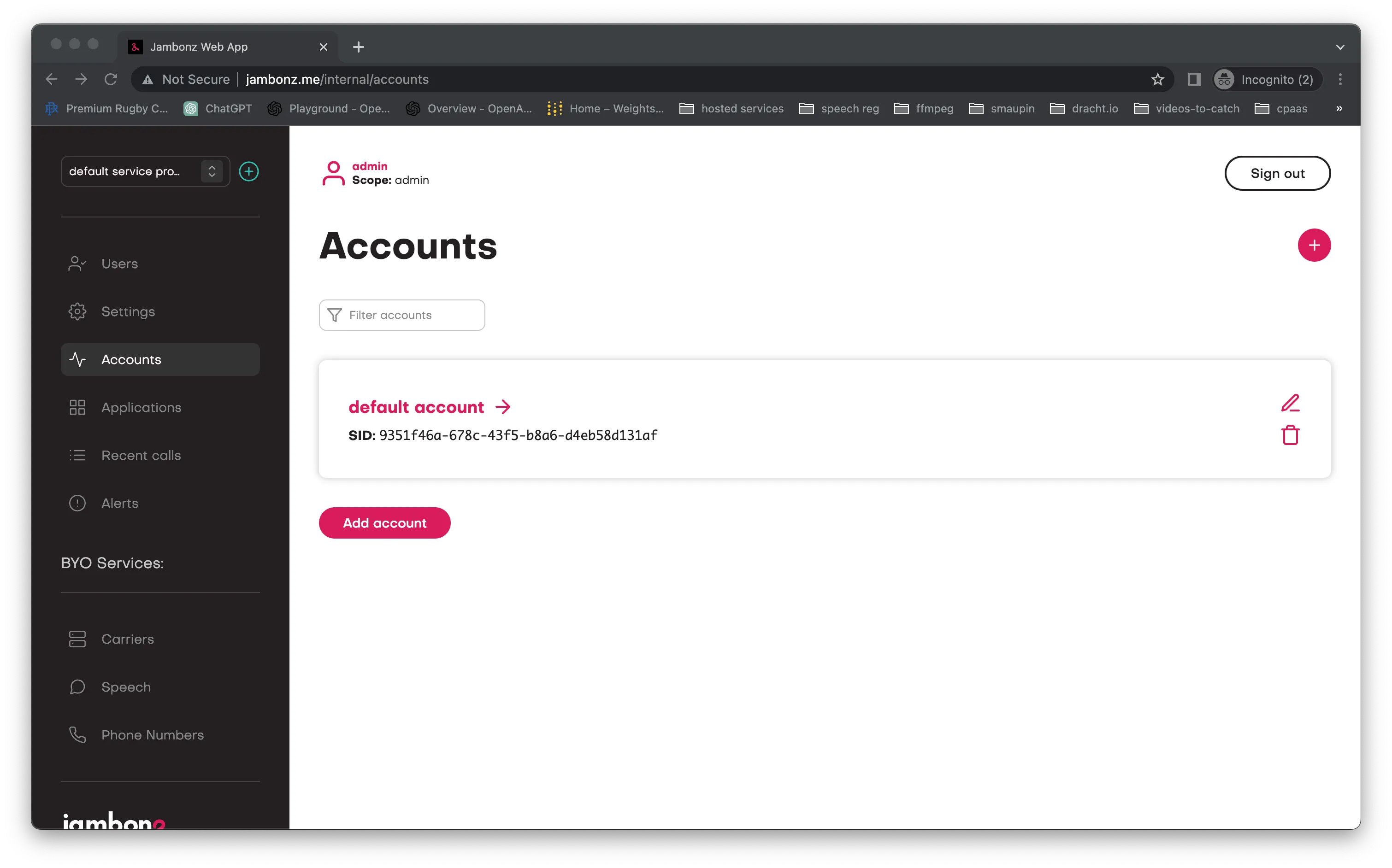 The jambonz portal Accounts page after first login