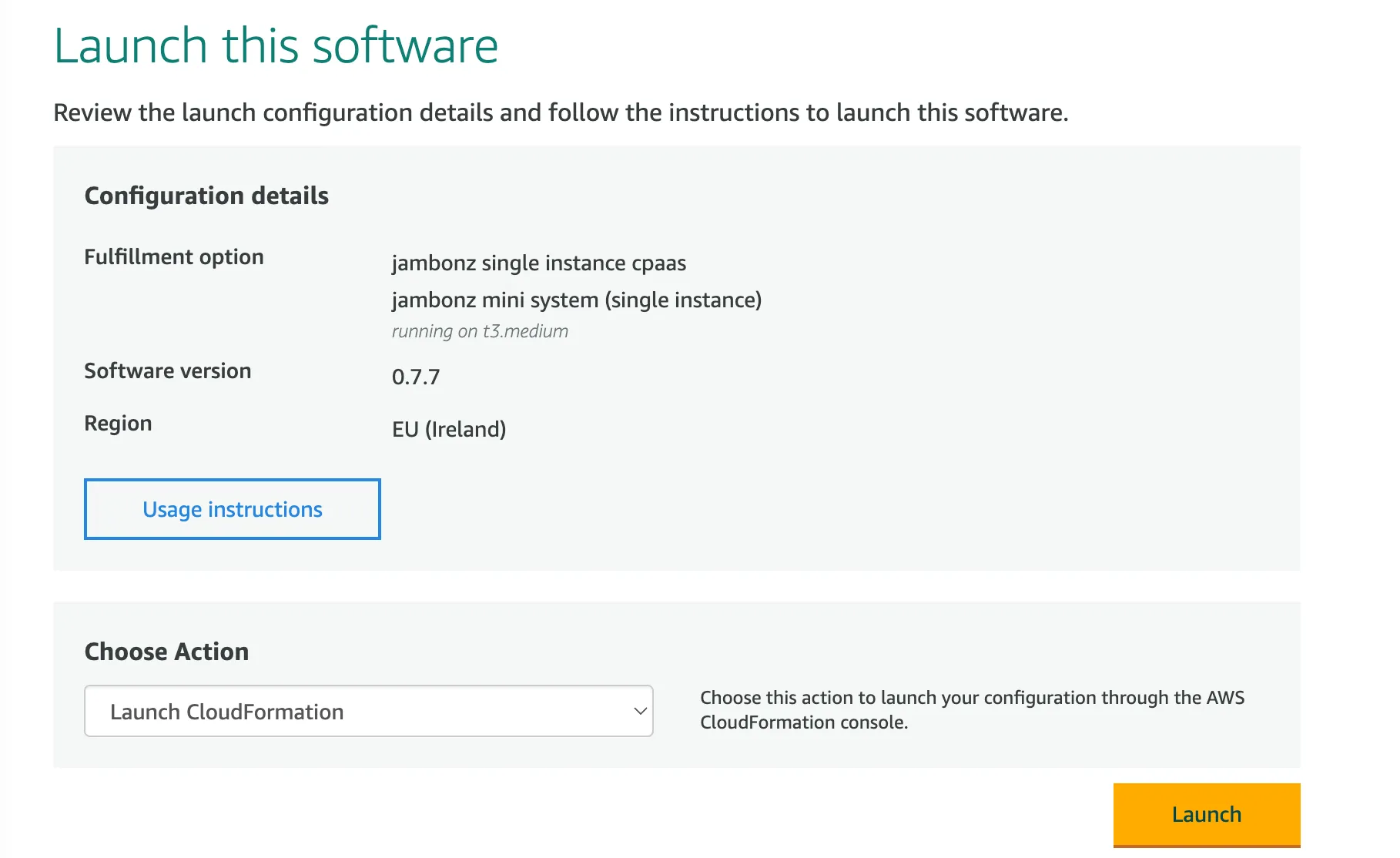 The “Launch this software” page with Launch Cloudformation selected