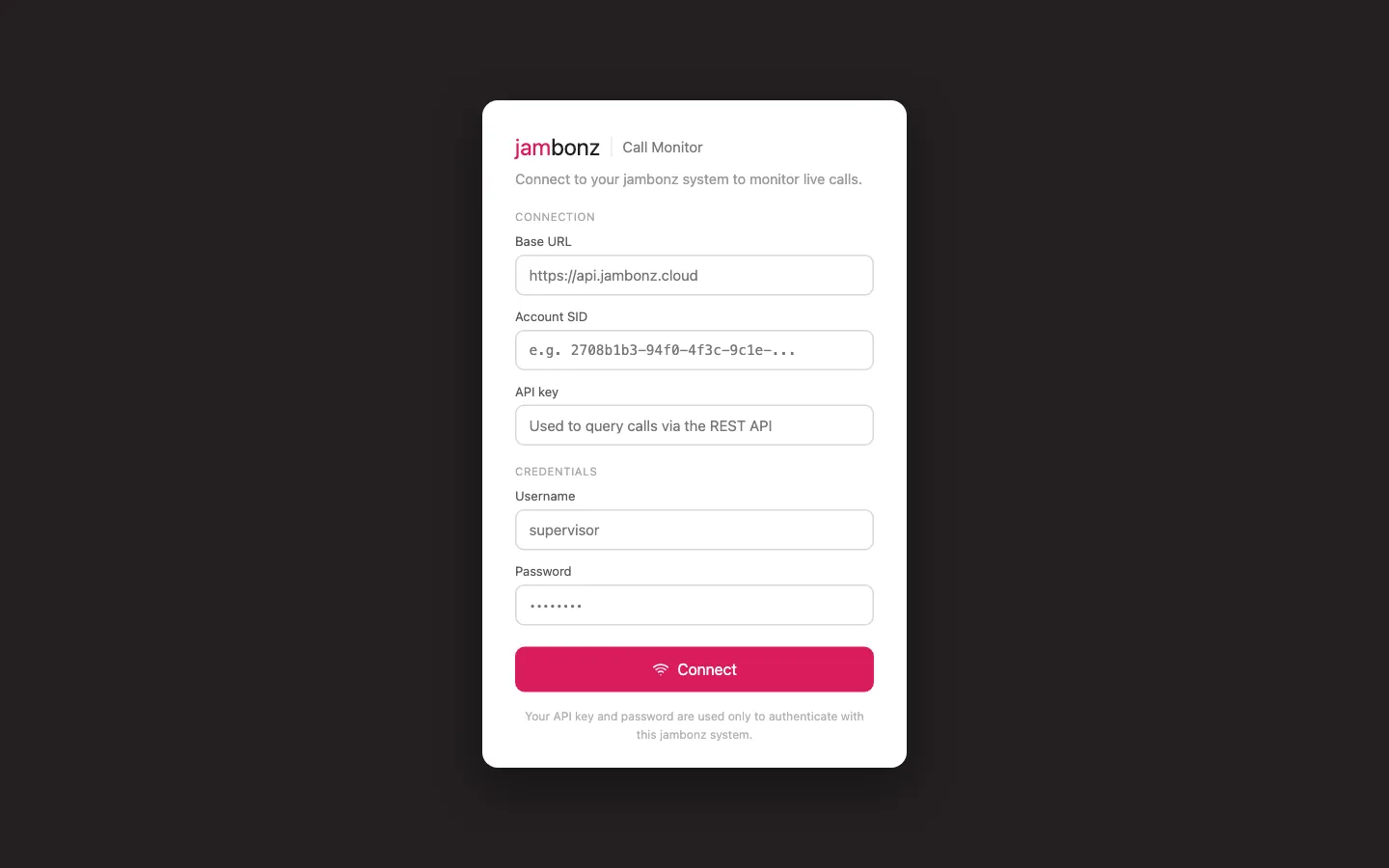 Signing in: the console connects to your jambonz installation