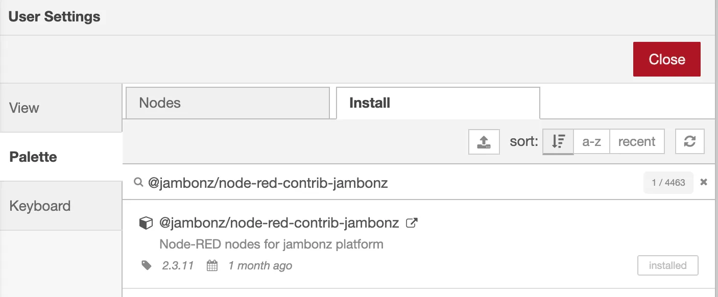 Installing the @jambonz/node-red-contrib-jambonz package from the Node-RED palette manager