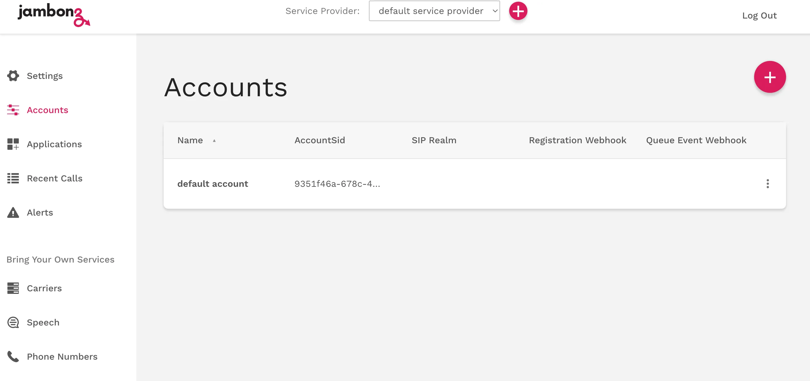 The jambonz portal Accounts page showing the default account