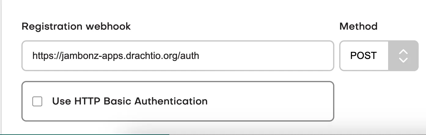 The account’s registration webhook set to the authentication endpoint