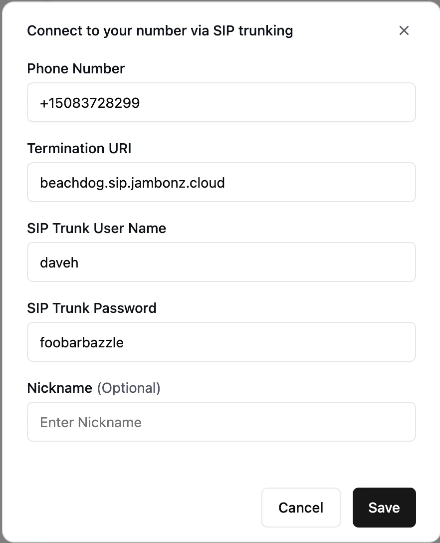 Connecting a number in Retell via SIP trunking, with the jambonz termination URI and credentials