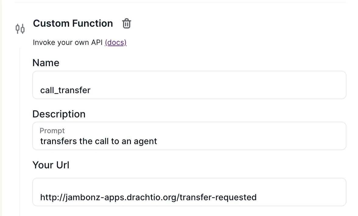 The Retell custom function for call transfer, posting to the /transfer-requested path