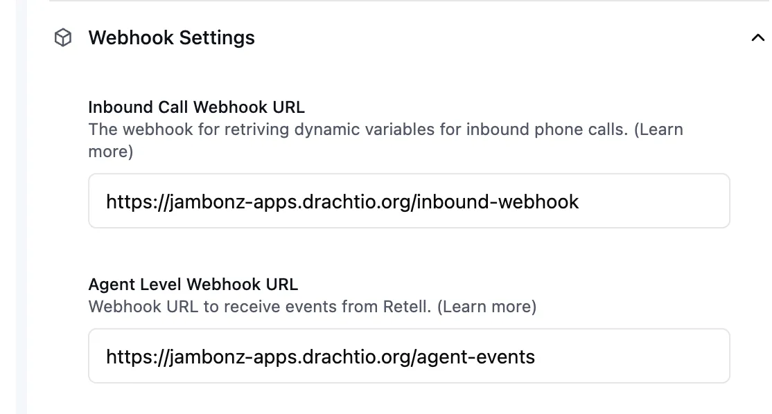 Retell webhook settings with the inbound call and agent level webhook URLs
