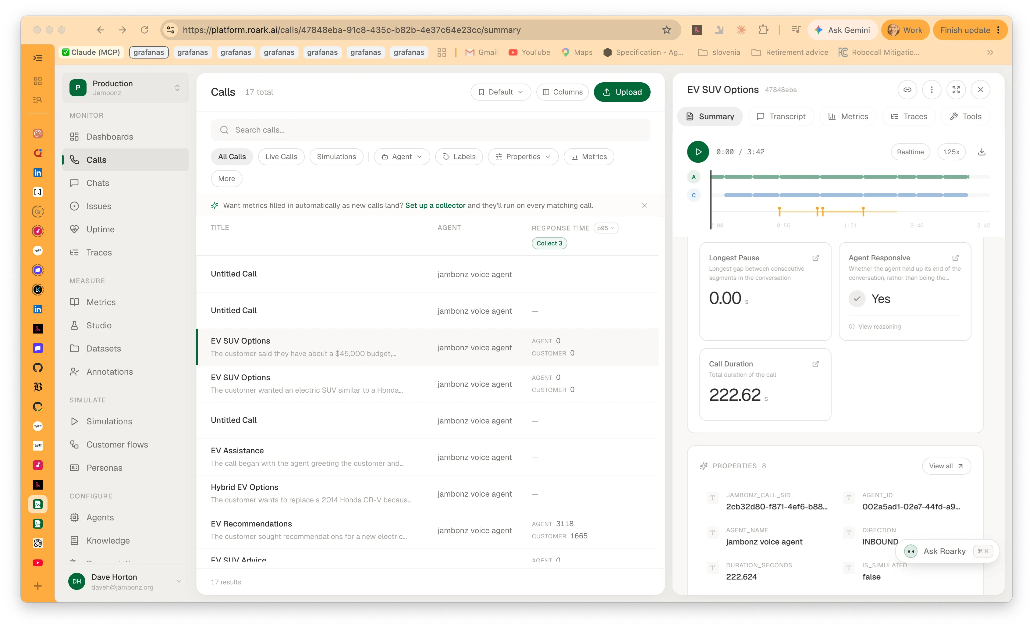 A call in the Roark dashboard: audio playback with per-speaker timeline, the Longest Pause, Agent Responsive and Call Duration metrics, and a properties list including jambonz_call_sid