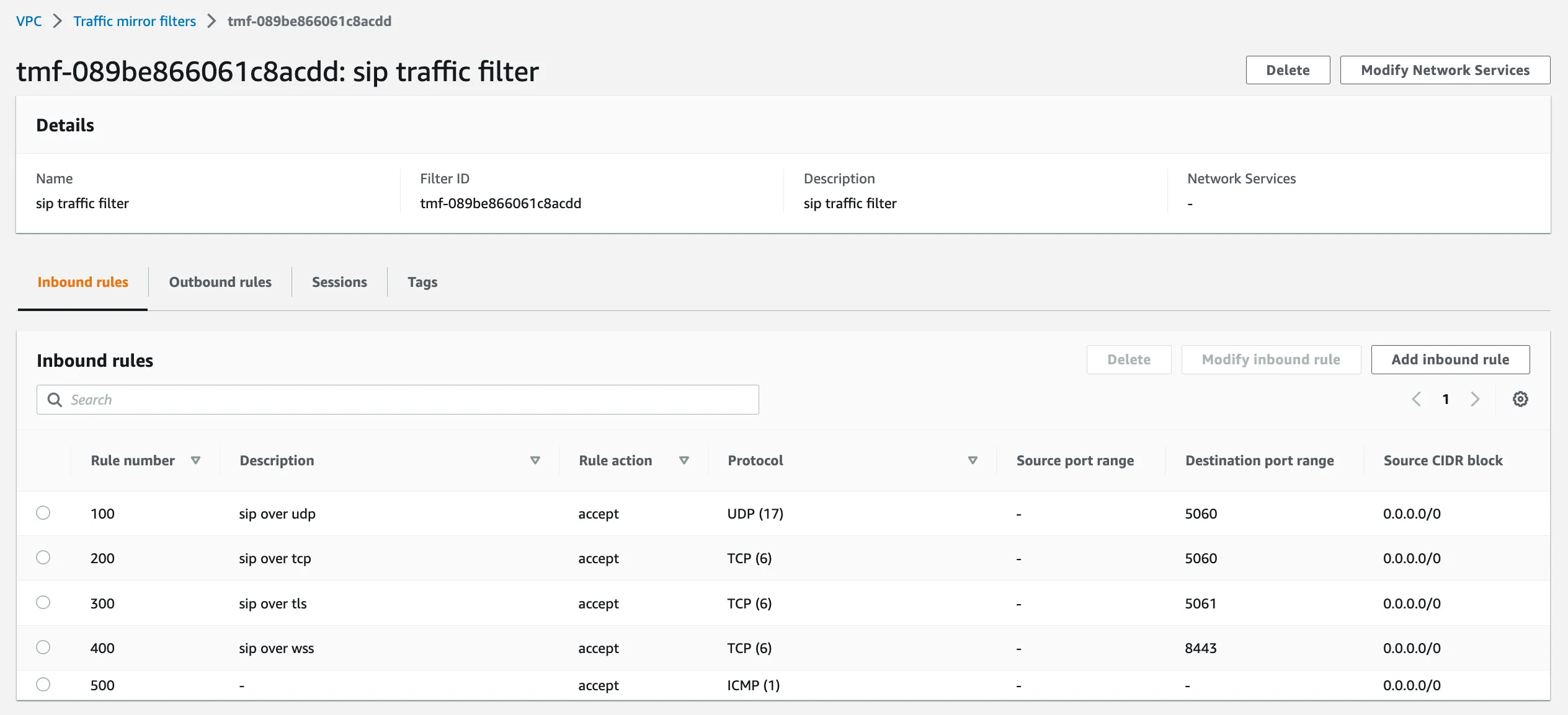 Inbound mirror filter rules for SIP over udp, tcp, tls and websockets, plus icmp