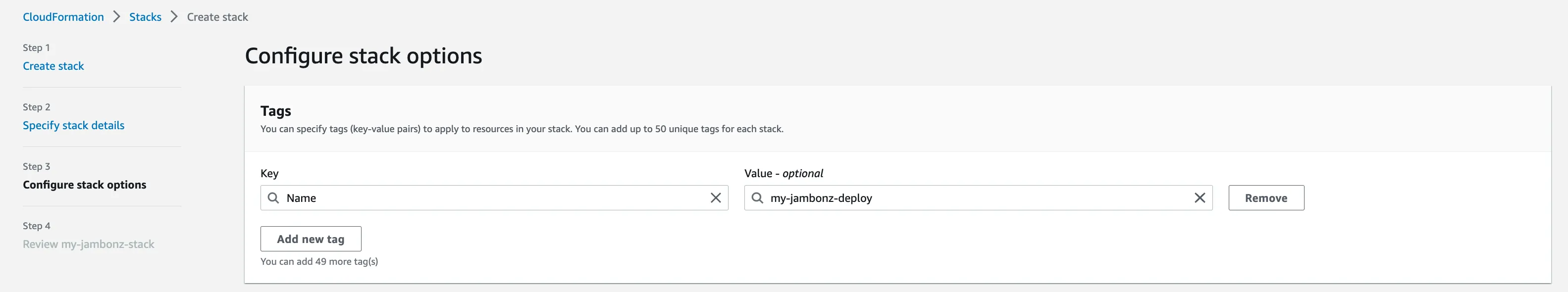 The Configure stack options page with a Name tag added