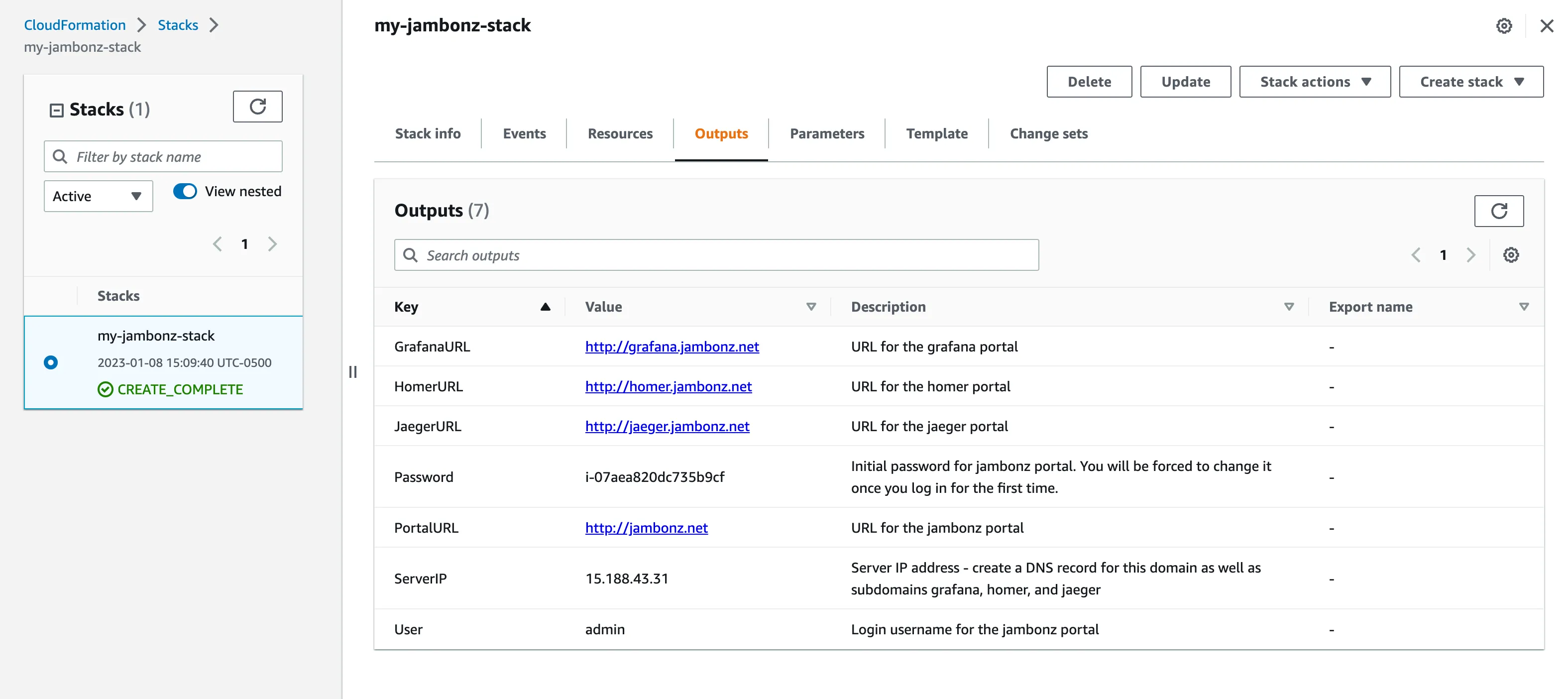 The CloudFormation Outputs panel showing the server IP and initial portal password