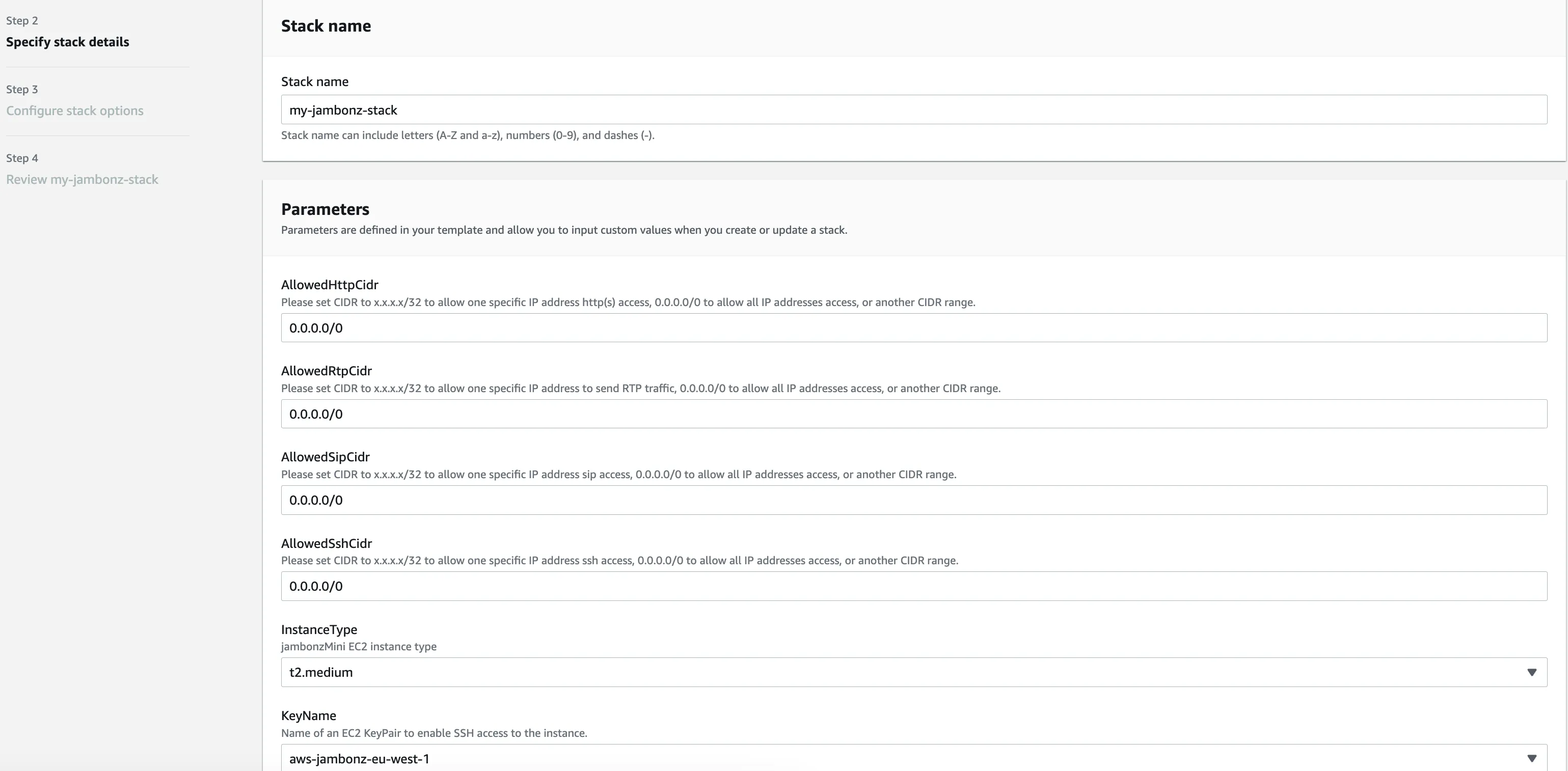 The Specify stack details page with the jambonz stack parameters filled in